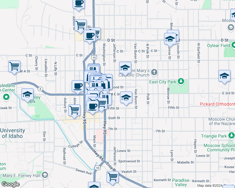 map of restaurants, bars, coffee shops, grocery stores, and more near 322 East 3rd Street in Moscow