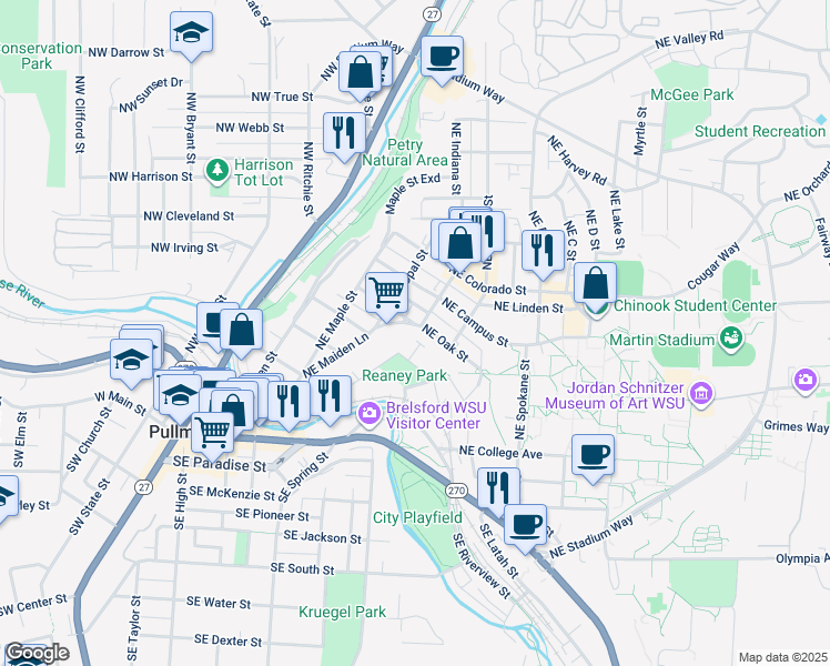 map of restaurants, bars, coffee shops, grocery stores, and more near 545 Northeast Oak Street in Pullman