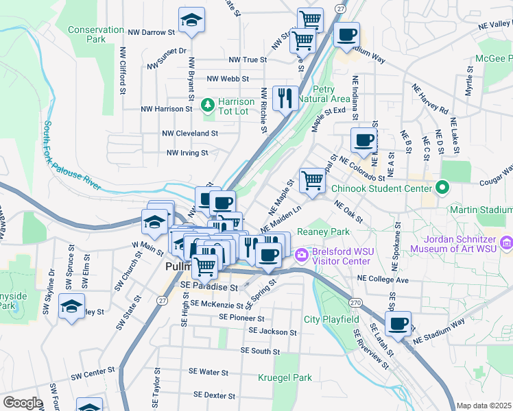 map of restaurants, bars, coffee shops, grocery stores, and more near 310 Northeast Spaulding Street in Pullman