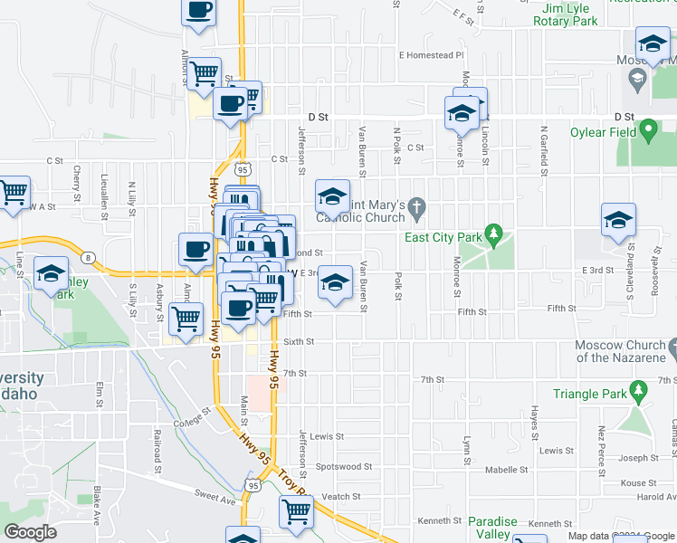 map of restaurants, bars, coffee shops, grocery stores, and more near 410 East 3rd Street in Moscow
