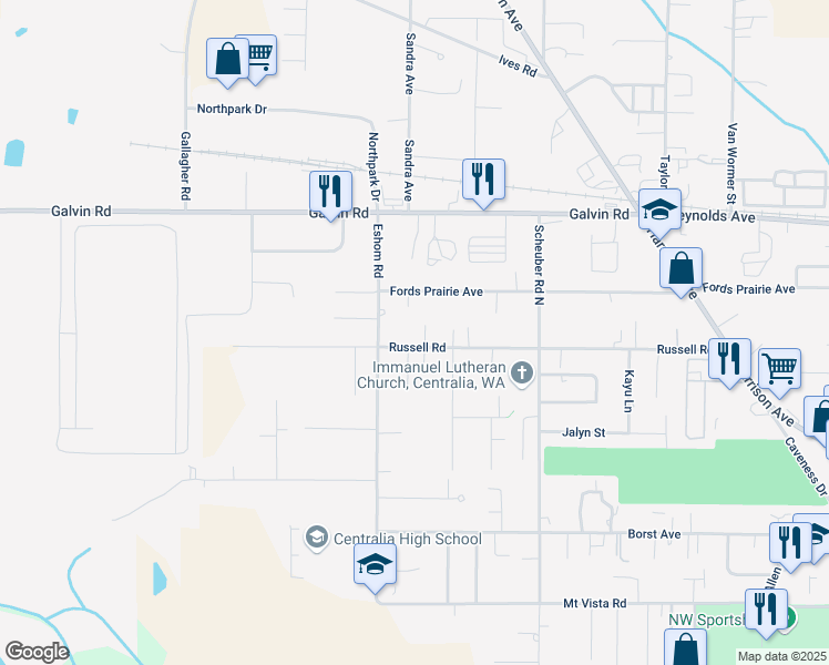 map of restaurants, bars, coffee shops, grocery stores, and more near 3315 Russell Road in Centralia