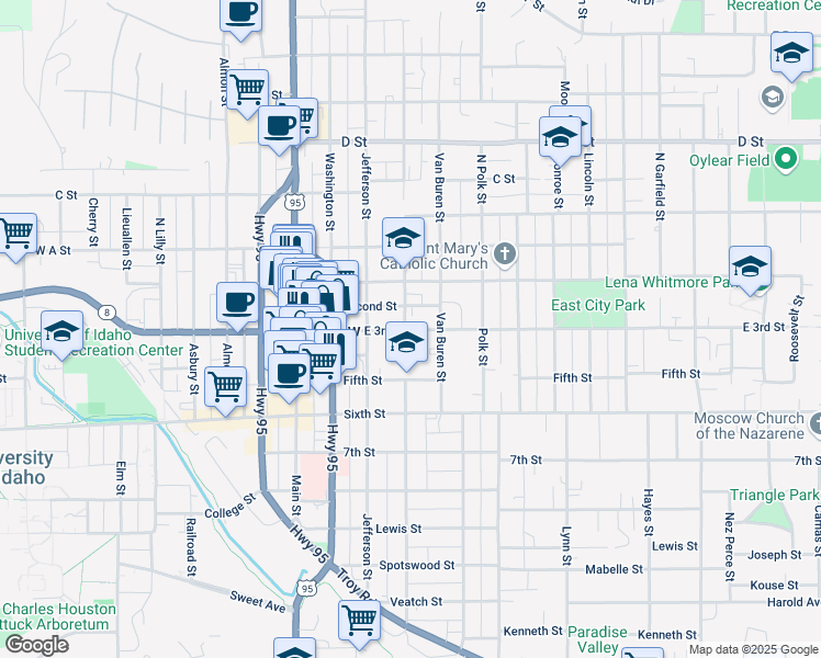 map of restaurants, bars, coffee shops, grocery stores, and more near 410 East 3rd Street in Moscow