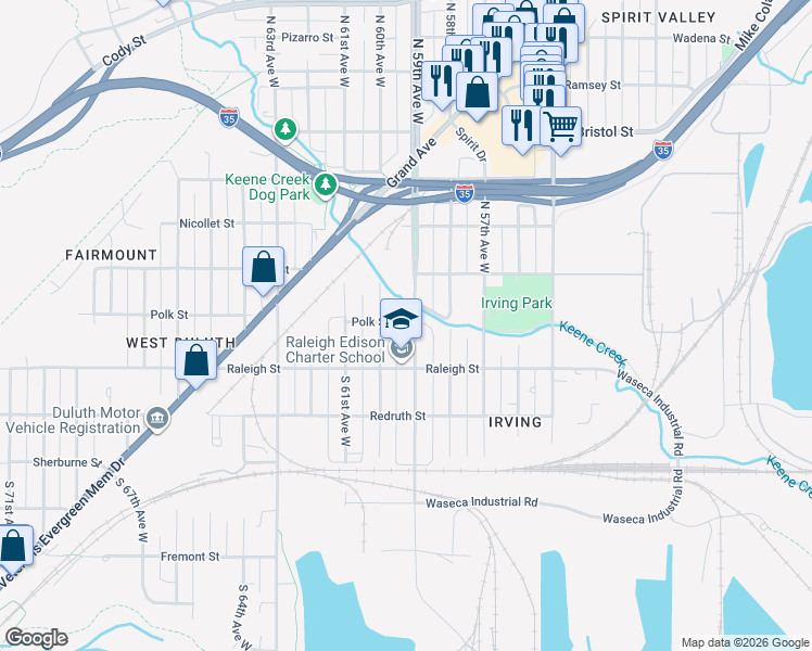 map of restaurants, bars, coffee shops, grocery stores, and more near 101 South 59th Avenue West in Duluth