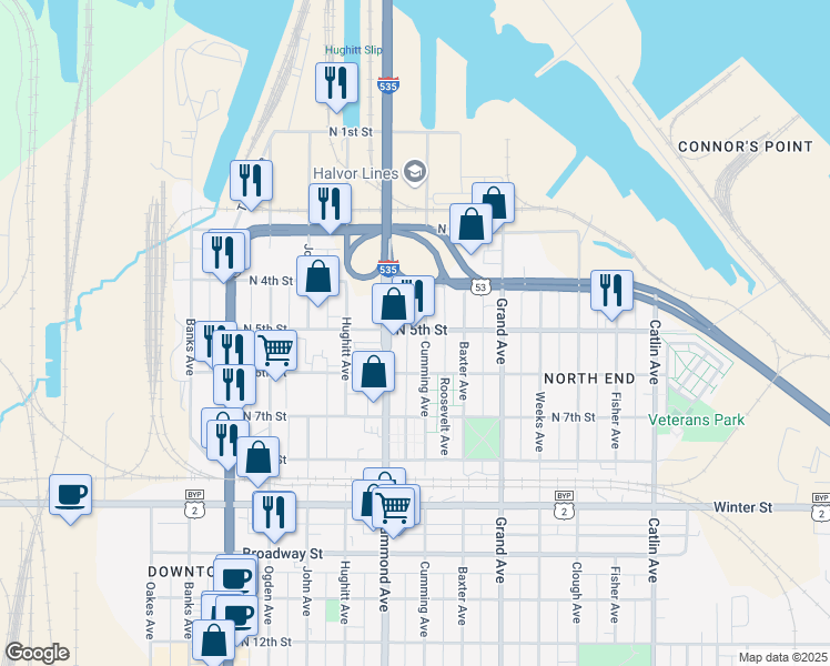 map of restaurants, bars, coffee shops, grocery stores, and more near 1310 N 5th St in Superior