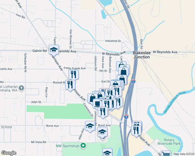 map of restaurants, bars, coffee shops, grocery stores, and more near 1409 Johnson Road in Centralia