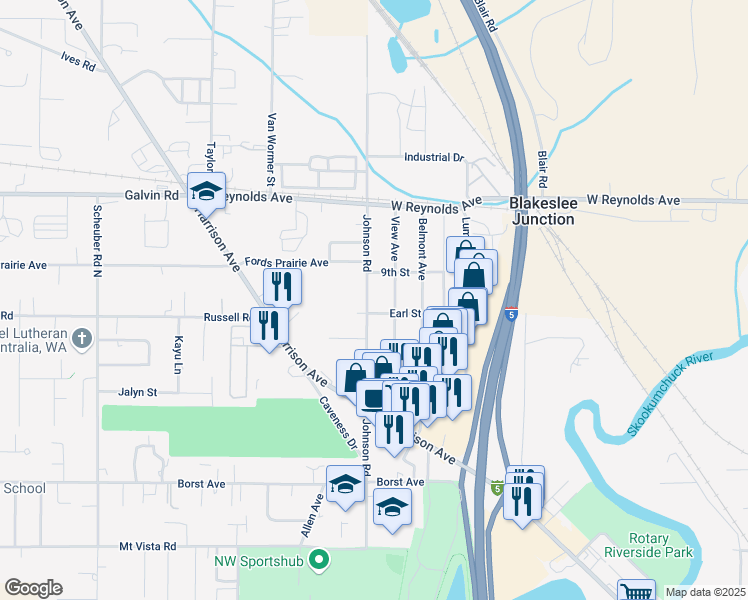 map of restaurants, bars, coffee shops, grocery stores, and more near 1412 Johnson Road in Centralia