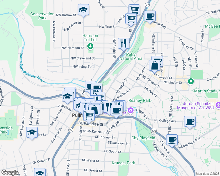 map of restaurants, bars, coffee shops, grocery stores, and more near 310 Northeast Spaulding Street in Pullman
