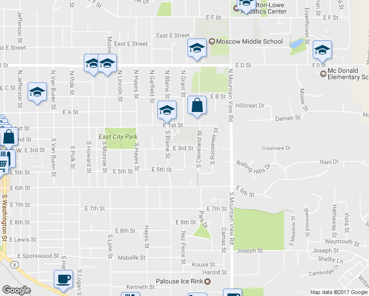 map of restaurants, bars, coffee shops, grocery stores, and more near 1298 East 3rd Street in Moscow