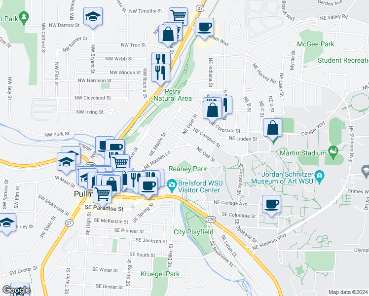 map of restaurants, bars, coffee shops, grocery stores, and more near 610 Northeast Maiden Lane in Pullman