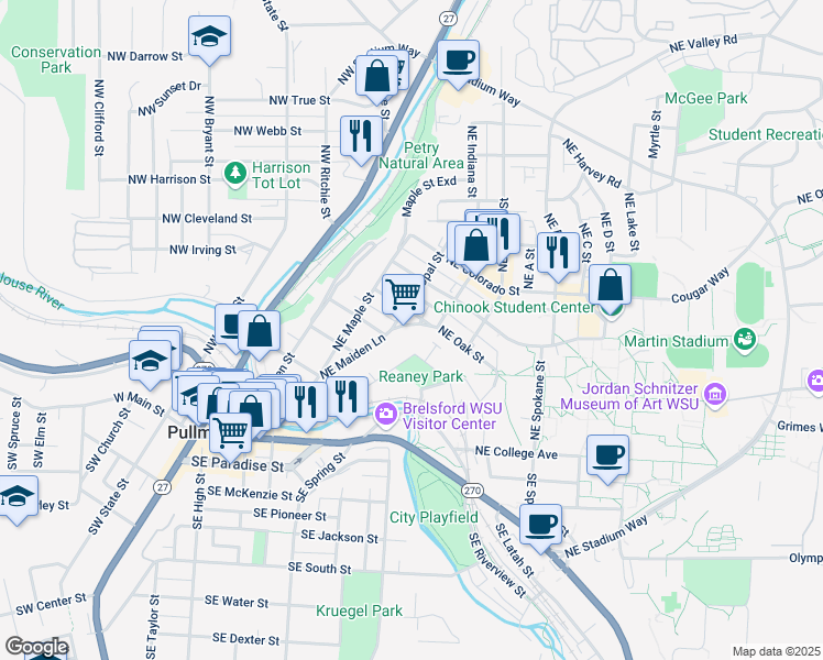 map of restaurants, bars, coffee shops, grocery stores, and more near 610 Northeast Maiden Lane in Pullman