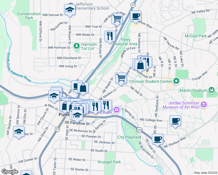 map of restaurants, bars, coffee shops, grocery stores, and more near 520 Northeast Maple Street in Pullman