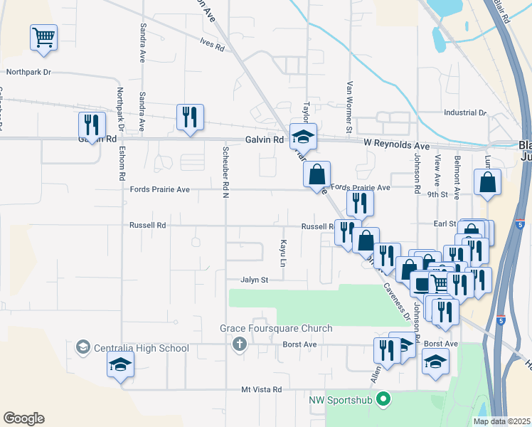 map of restaurants, bars, coffee shops, grocery stores, and more near 3003 Russell Road in Centralia