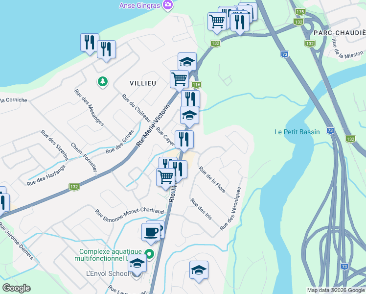map of restaurants, bars, coffee shops, grocery stores, and more near 730 Route des Rivières in Saint-Nicolas