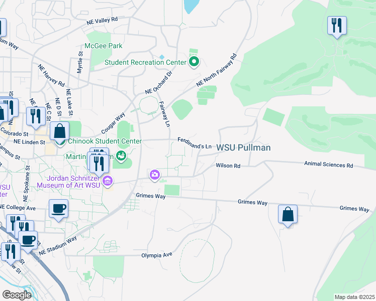 map of restaurants, bars, coffee shops, grocery stores, and more near 2035 Ferdinand's Lane in Pullman