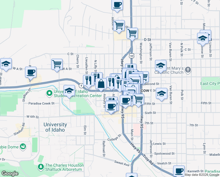 map of restaurants, bars, coffee shops, grocery stores, and more near 310 West 3rd Street in Moscow