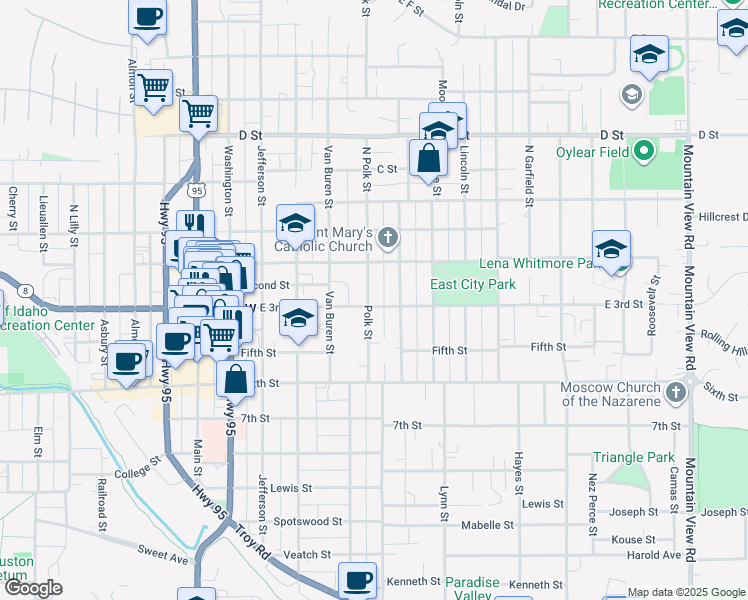 map of restaurants, bars, coffee shops, grocery stores, and more near 604 East 3rd Street in Moscow