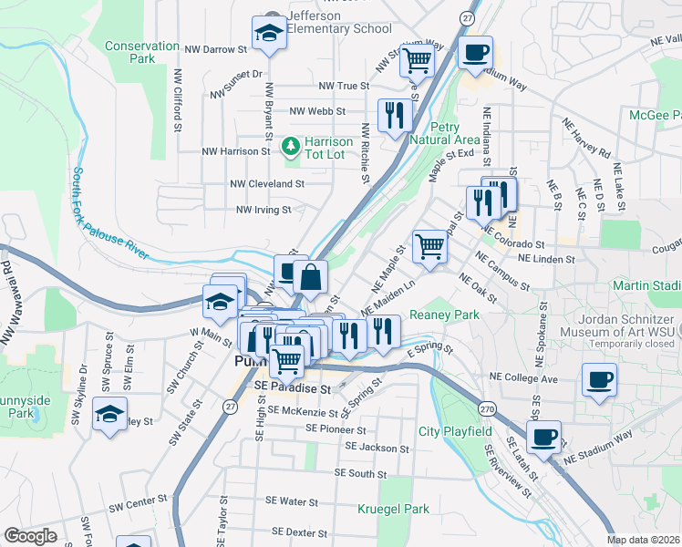 map of restaurants, bars, coffee shops, grocery stores, and more near 140 Northeast Whitman Street in Pullman