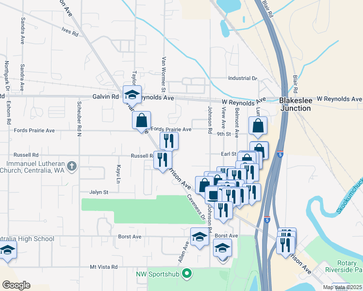 map of restaurants, bars, coffee shops, grocery stores, and more near 1402 Harrison Avenue in Centralia