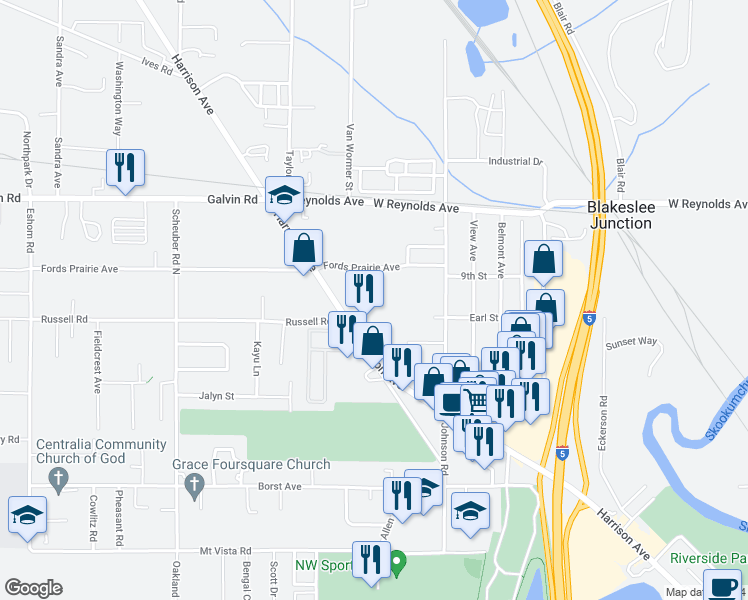 map of restaurants, bars, coffee shops, grocery stores, and more near 1402 Harrison Avenue in Centralia