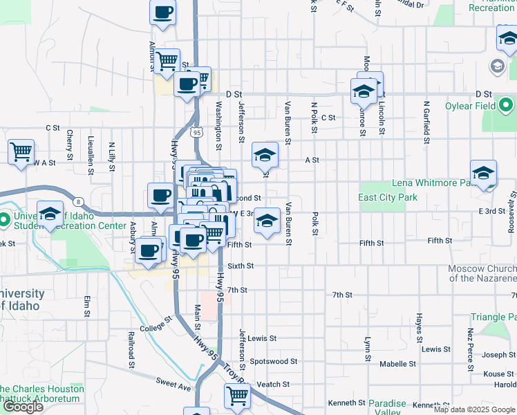 map of restaurants, bars, coffee shops, grocery stores, and more near 322 East 3rd Street in Moscow