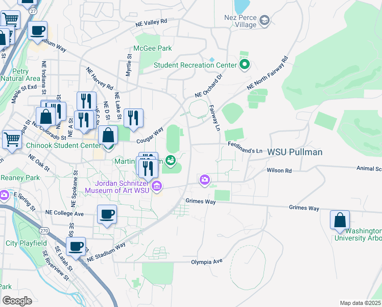 map of restaurants, bars, coffee shops, grocery stores, and more near 1775 Northeast Stadium Way in Pullman