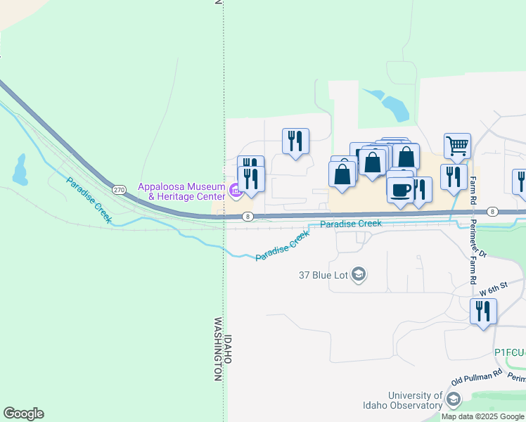 map of restaurants, bars, coffee shops, grocery stores, and more near 105 War Bonnet Drive in Moscow