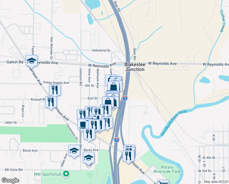 map of restaurants, bars, coffee shops, grocery stores, and more near 1420 Lum Road in Centralia