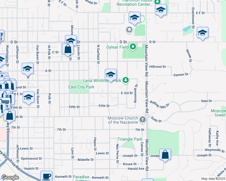 map of restaurants, bars, coffee shops, grocery stores, and more near 1200-1298 East 3rd Street in Moscow
