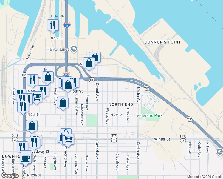 map of restaurants, bars, coffee shops, grocery stores, and more near 501 Clough Avenue in Superior