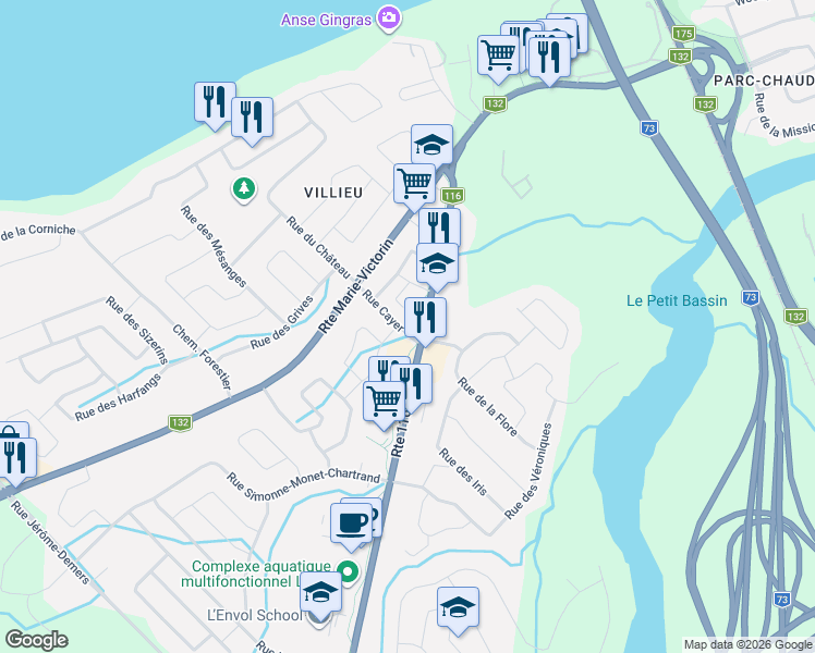 map of restaurants, bars, coffee shops, grocery stores, and more near 253 Rue Cayer in Lévis