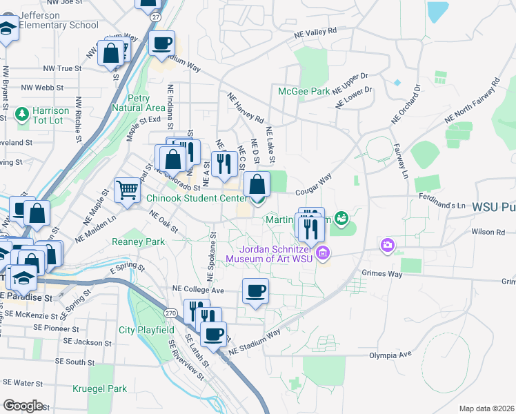 map of restaurants, bars, coffee shops, grocery stores, and more near 700 Northeast Thatuna Street in Pullman