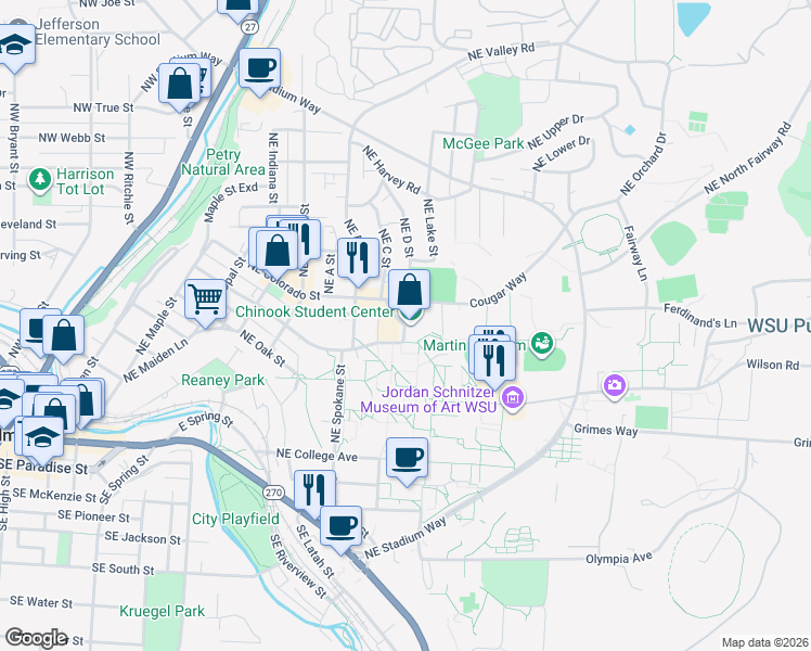 map of restaurants, bars, coffee shops, grocery stores, and more near 700 Northeast Thatuna Street in Pullman