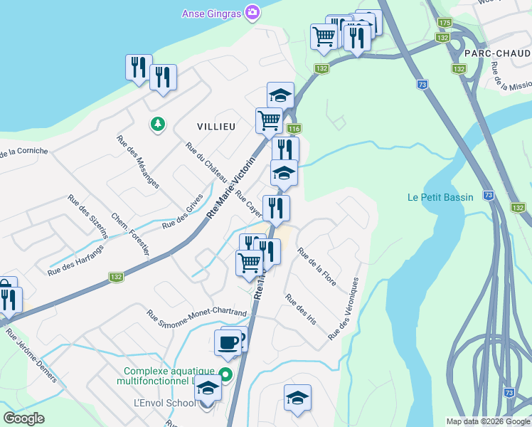 map of restaurants, bars, coffee shops, grocery stores, and more near 253 Rue Cayer in Lévis