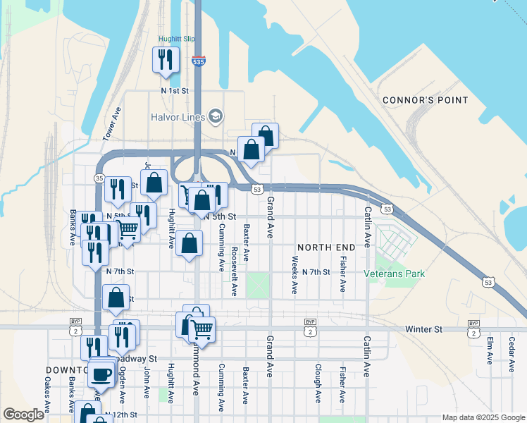 map of restaurants, bars, coffee shops, grocery stores, and more near 1113 North 5th Street in Superior