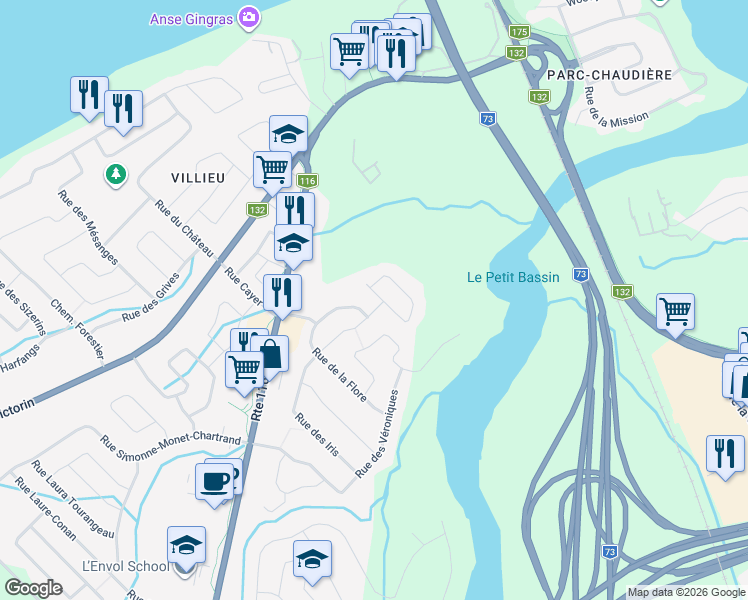 map of restaurants, bars, coffee shops, grocery stores, and more near 244 Rue du Chèvrefeuille in Saint-Nicolas