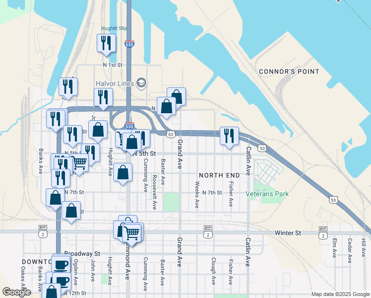 map of restaurants, bars, coffee shops, grocery stores, and more near 502 Grand Avenue in Superior