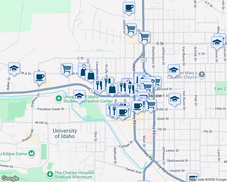 map of restaurants, bars, coffee shops, grocery stores, and more near 410 West 3rd Street in Moscow