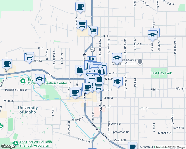 map of restaurants, bars, coffee shops, grocery stores, and more near 221 S Main St in Moscow