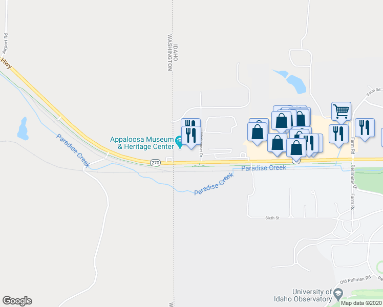 map of restaurants, bars, coffee shops, grocery stores, and more near 105 War Bonnet Drive in Moscow