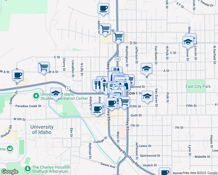 map of restaurants, bars, coffee shops, grocery stores, and more near 201 S Jackson St in Moscow