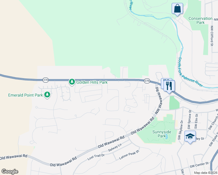 map of restaurants, bars, coffee shops, grocery stores, and more near 215a Northwest Cory Lane in Pullman