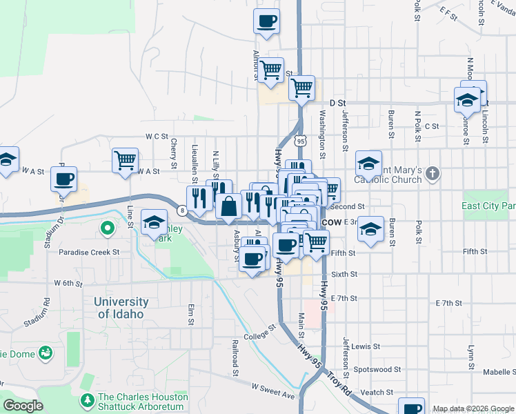 map of restaurants, bars, coffee shops, grocery stores, and more near 310 West 3rd Street in Moscow