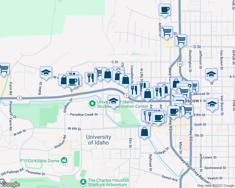 map of restaurants, bars, coffee shops, grocery stores, and more near 700-798 West 3rd Street in Moscow
