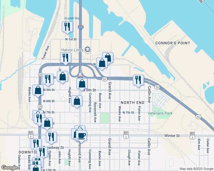 map of restaurants, bars, coffee shops, grocery stores, and more near 1113 North 5th Street in Superior