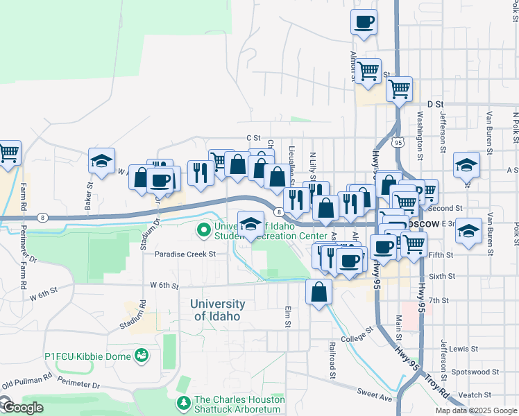 map of restaurants, bars, coffee shops, grocery stores, and more near 645 West Pullman Road in Moscow