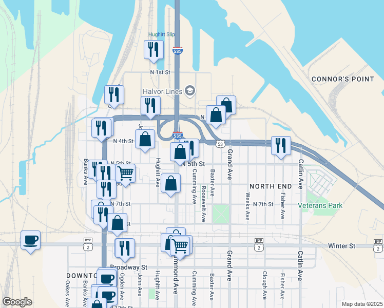 map of restaurants, bars, coffee shops, grocery stores, and more near 1310 North 5th Street in Superior