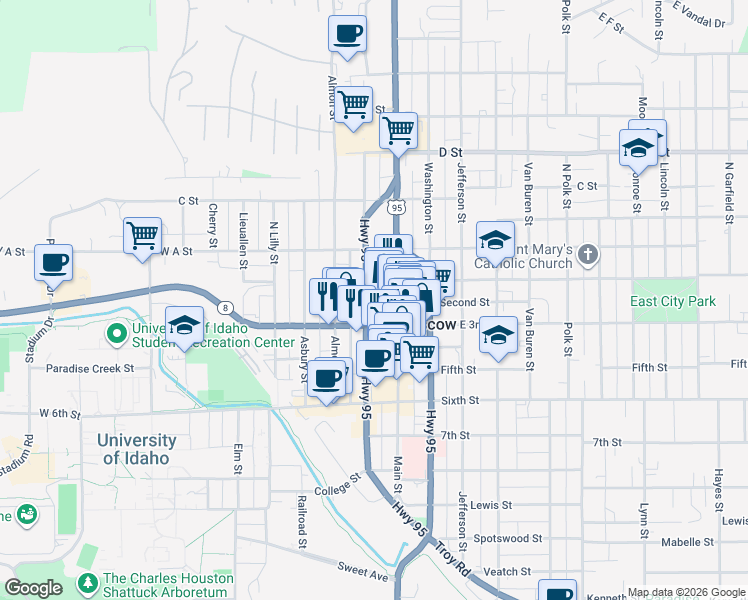 map of restaurants, bars, coffee shops, grocery stores, and more near 201 South Jackson Street in Moscow