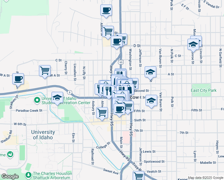 map of restaurants, bars, coffee shops, grocery stores, and more near 201 South Jackson Street in Moscow