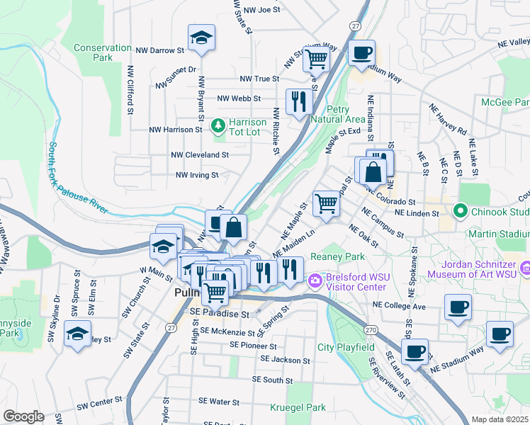 map of restaurants, bars, coffee shops, grocery stores, and more near 310 Northeast Spaulding Street in Pullman