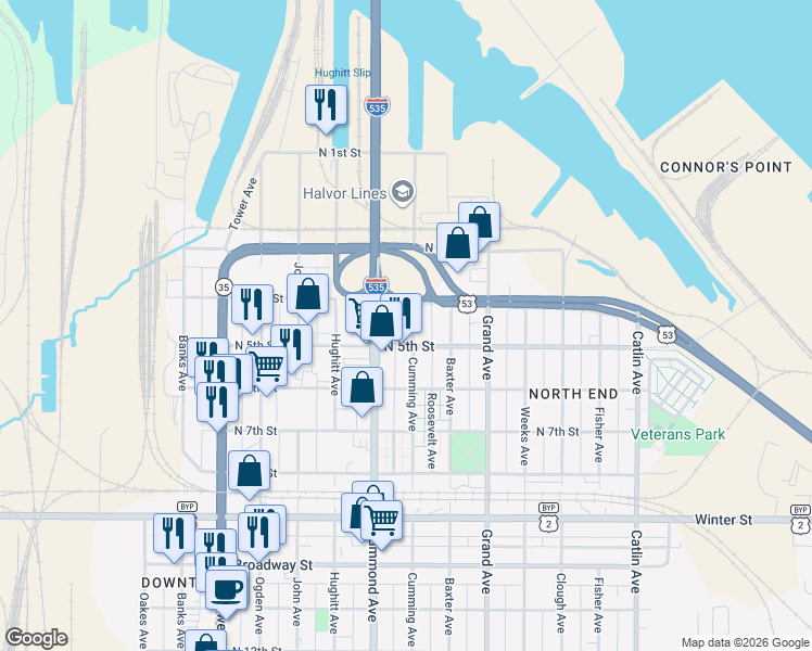 map of restaurants, bars, coffee shops, grocery stores, and more near 1310 North 5th Street in Superior